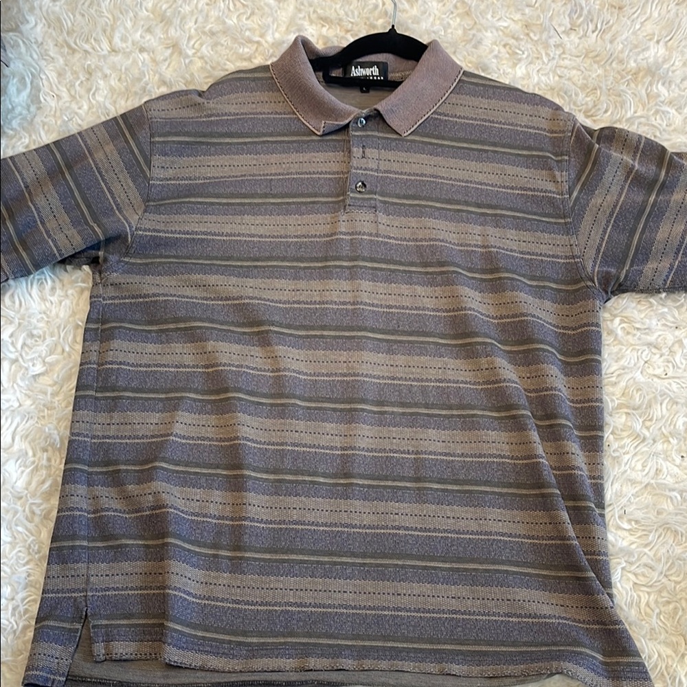 vintage 90s grunge. Ashworth Men's Striped Polo Shirt - Gray ❤️